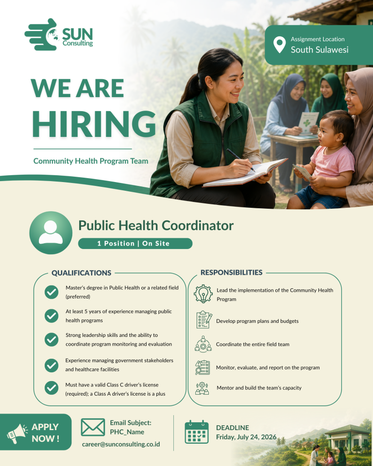 🌿 WE'RE HIRING!  Are you passionate about improving community health and creating meaningful social impact?  Join SUN Consulting and become part of our Community Health Program Team.  Open Positions 👩‍⚕️ Public Health Coordinator (1 Position) 👨‍⚕️ Public Health Officer (3 Positions)  📍 Assignment Location: South Sulawesi 🏢 On-Site  We're looking for dedicated professionals who are passionate about working with communities, collaborating with local stakeholders, and driving sustainable health initiatives.  📧 Apply now: career@sunconsulting.co.id  Email Subject • PHC_Name (Coordinator) • PHO_Name (Officer)  📅 Application Deadline: July 24, 2026  Together, let's create healthier communities and lasting impact.  #WeAreHiring #PublicHealth #CommunityHealth #HealthJobs #CareerOpportunity #DevelopmentSector #NGOJobs #SocialImpact #IndonesiaJobs #SUNConsulting